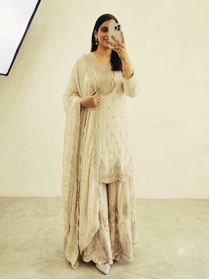 White heavy zari work short kurti with flared sharara & dupatta 3