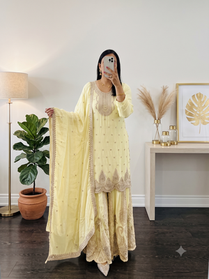 Yellow heavy zari work short kurti with flared sharara & dupatta 1
