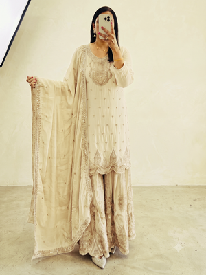 White heavy zari work short kurti with flared sharara & dupatta 1