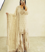 White heavy zari work short kurti with flared sharara & dupatta