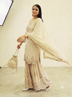 White heavy zari work short kurti with flared sharara & dupatta 4