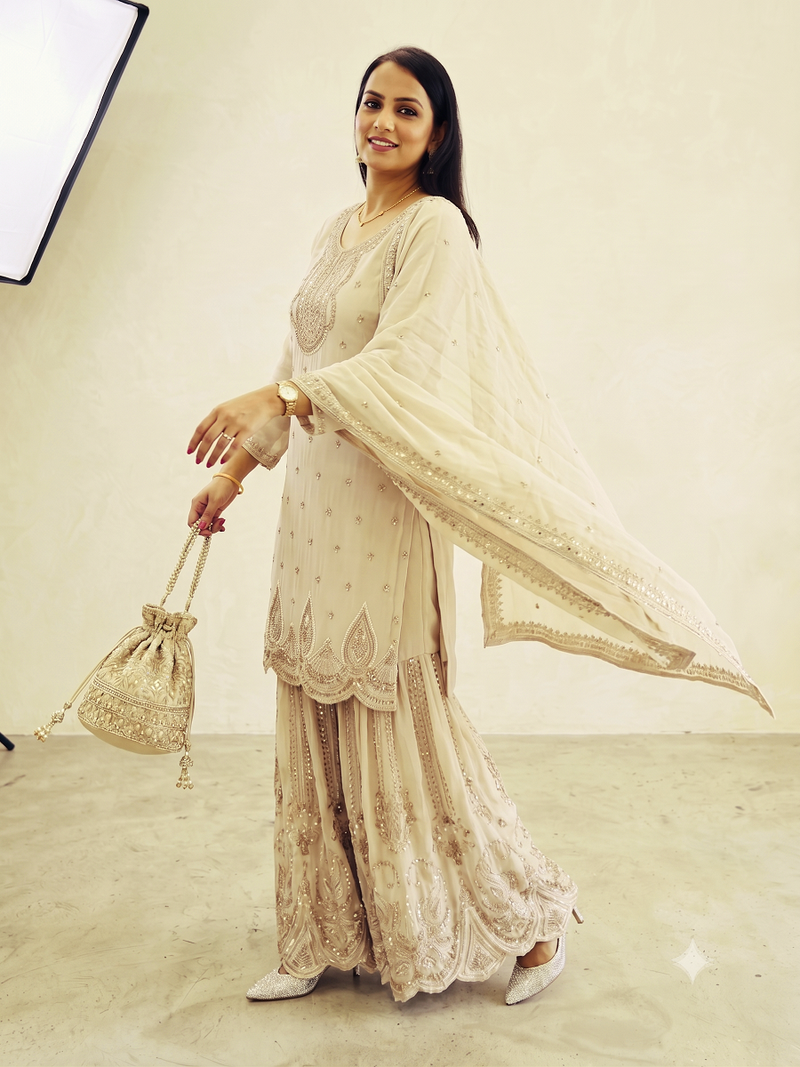 White heavy zari work short kurti with flared sharara & dupatta
