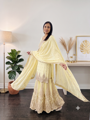 Yellow heavy zari work short kurti with flared sharara & dupatta 4