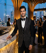 Black hand embroidered 5 pc tuxedo suit