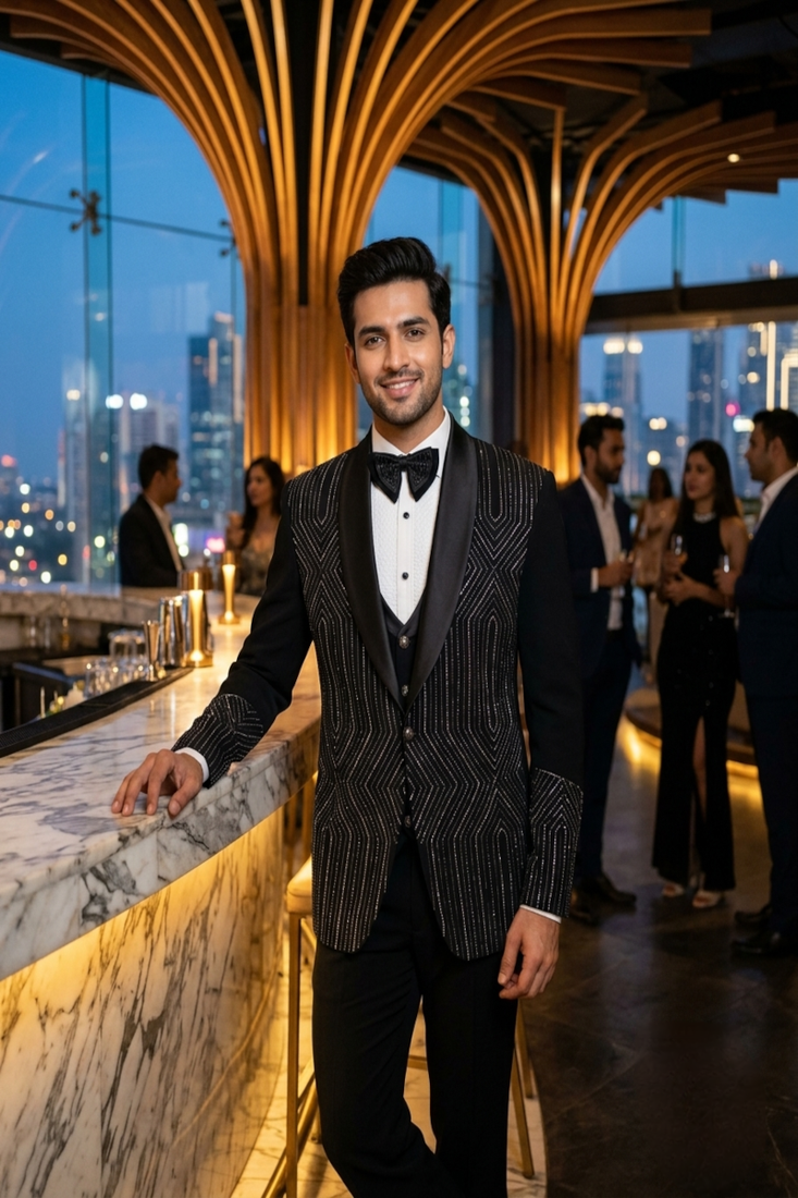 Black hand embroidered 5 pc tuxedo suit