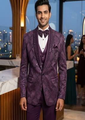 Purple thread and sequins embroidered 5 pc tuxedo suit 1