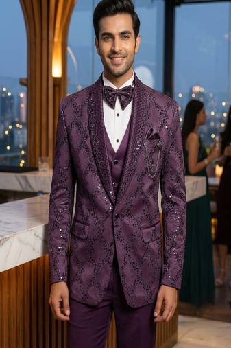 Purple thread and sequins embroidered 5 pc tuxedo suit