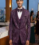 Purple thread and sequins embroidered 5 pc tuxedo suit