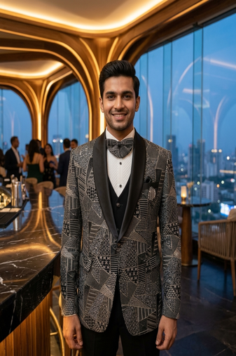 Black thread and sequins embroidered 5 pc tuxedo suit