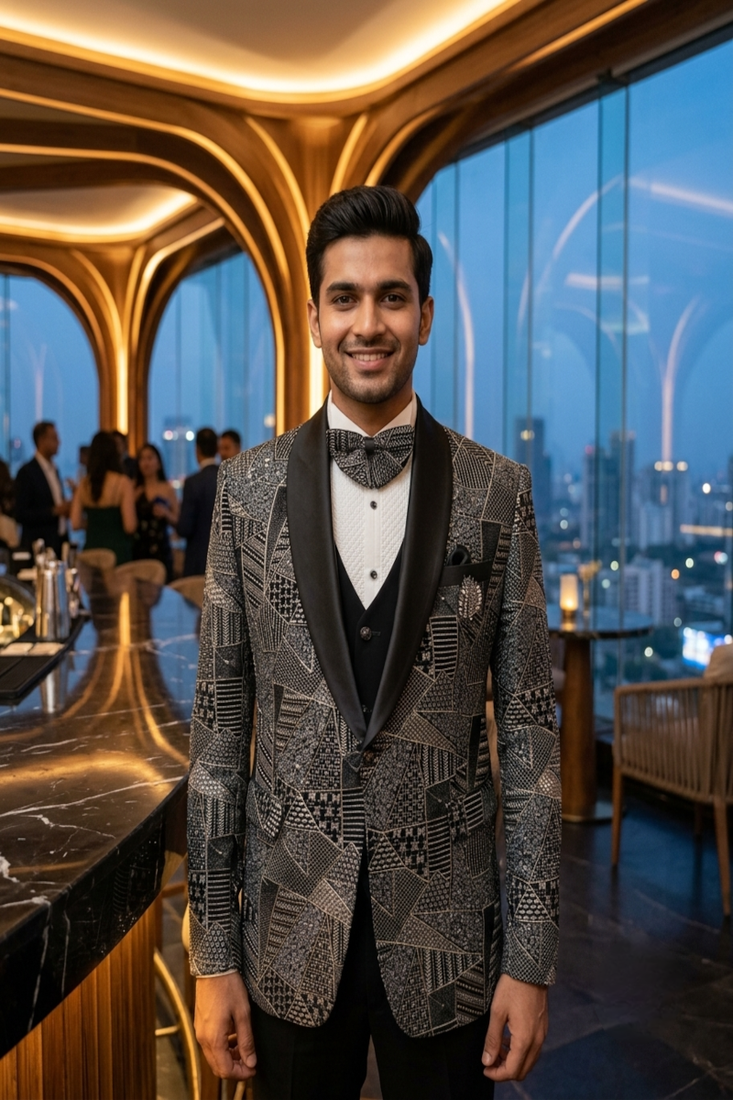 Black thread and sequins embroidered 5 pc tuxedo suit