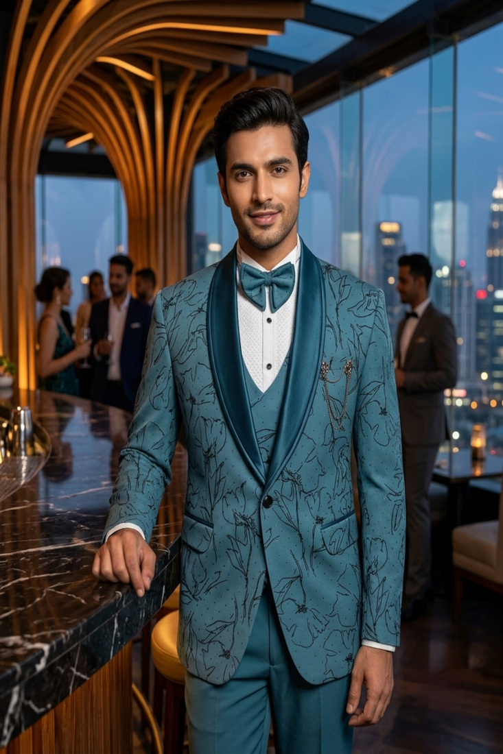 Light blue swarovski embroidered 5 pc tuxedo suit