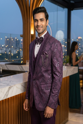 Purple thread and sequins embroidered 5 pc tuxedo suit 2
