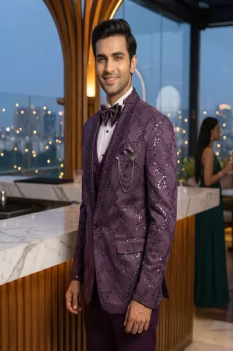 Purple thread and sequins embroidered 5 pc tuxedo suit