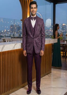 Purple thread and sequins embroidered 5 pc tuxedo suit 3