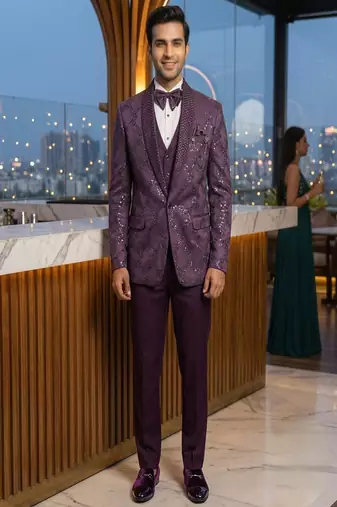 Purple thread and sequins embroidered 5 pc tuxedo suit