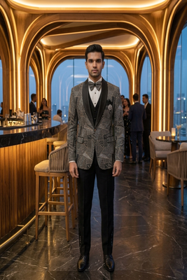 Black thread and sequins embroidered 5 pc tuxedo suit 3