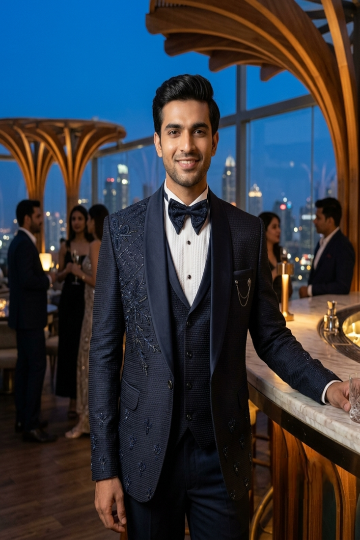 Navy blue hand embroidered 5 pc tuxedo suit