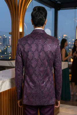 Purple thread and sequins embroidered 5 pc tuxedo suit 4