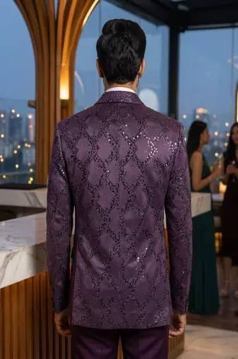 Purple thread and sequins embroidered 5 pc tuxedo suit