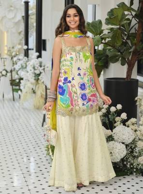 White silk blend readymade suit with embroidery & sequence work 1
