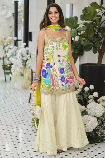White silk blend readymade suit with embroidery & sequence work