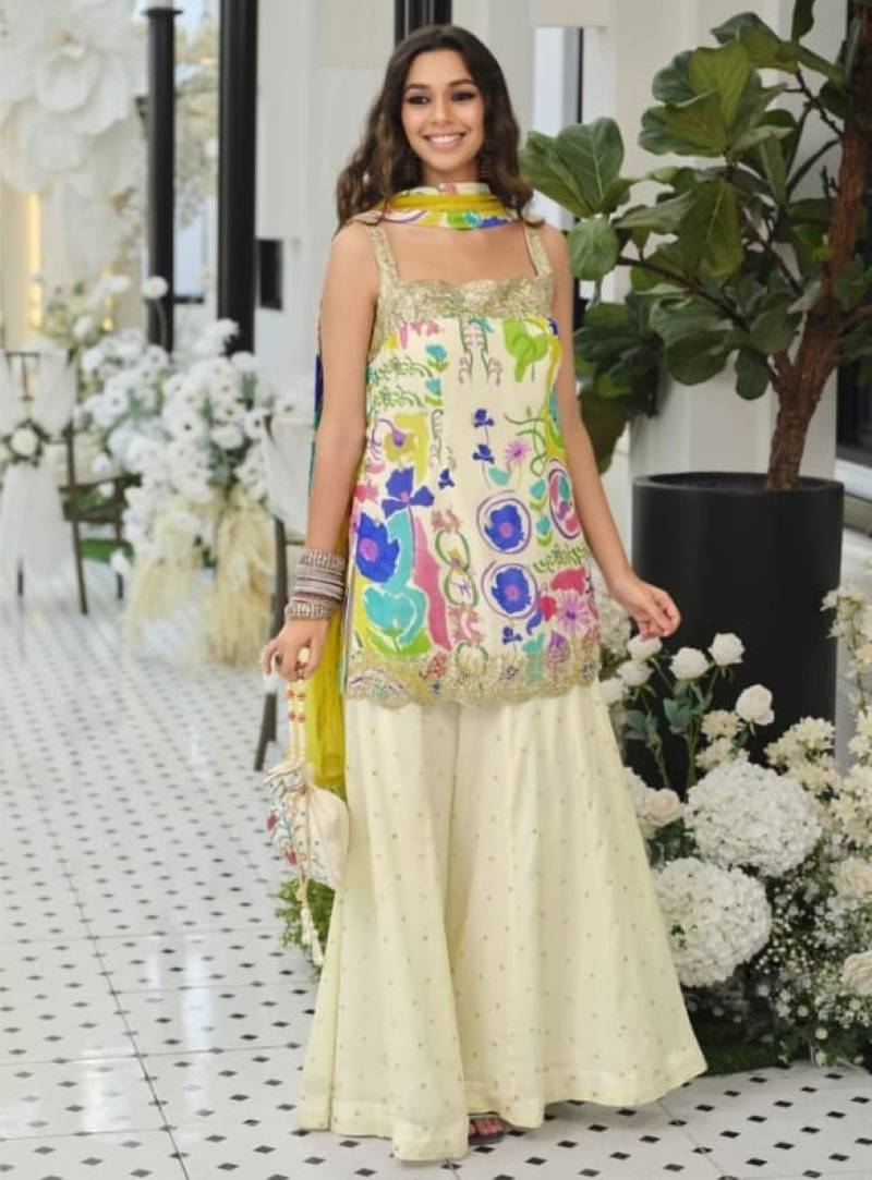 White silk blend readymade suit with embroidery & sequence work
