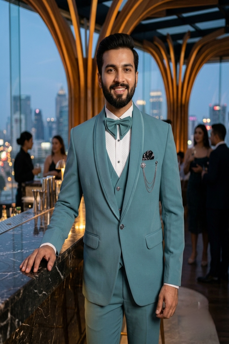Sky blue 5 pc suit with pintex detailing
