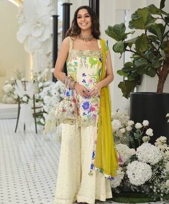White silk blend readymade suit with embroidery & sequence work 3
