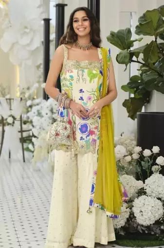 White silk blend readymade suit with embroidery & sequence work