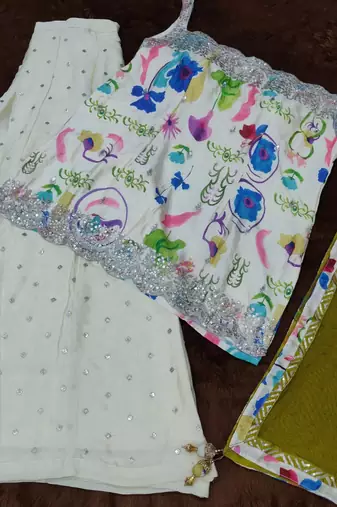 White silk blend readymade suit with embroidery & sequence work