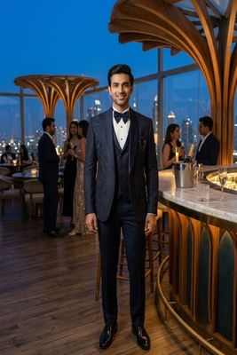 Navy blue hand embroidered 5 pc tuxedo suit 2