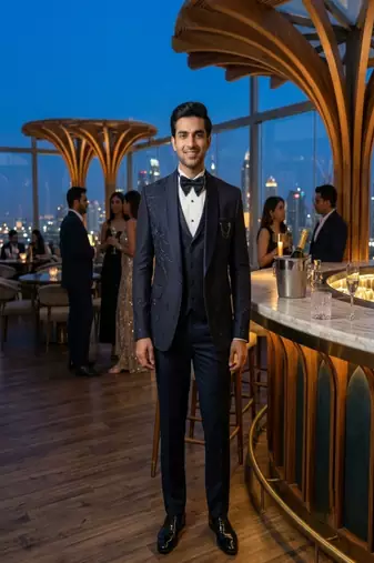 Navy blue hand embroidered 5 pc tuxedo suit