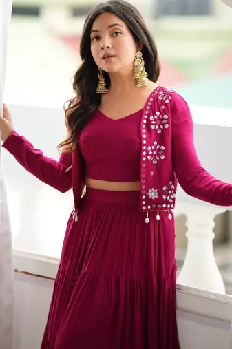 Dark Pink Navratri Lehenga Choli With Koti 