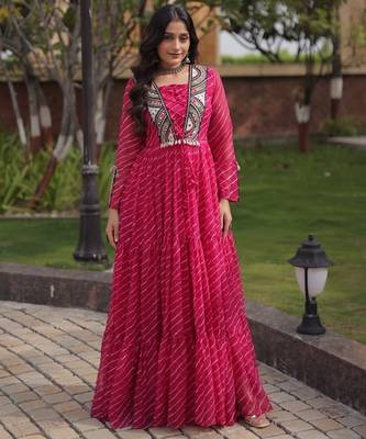 Pink georgette readymade navratri anarkali suit with laheriya & patchwork 1