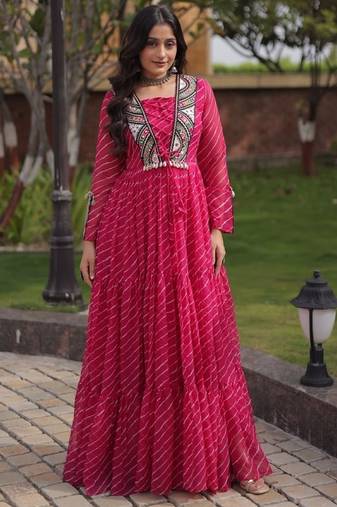 Pink georgette readymade navratri anarkali suit with laheriya & patchwork