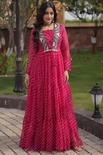 Pink georgette readymade navratri anarkali suit with laheriya & patchwork