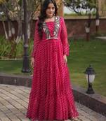 Pink georgette readymade navratri anarkali suit with laheriya & patchwork