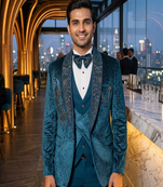 Teal green hand embroidered 5 pctuxedo suit