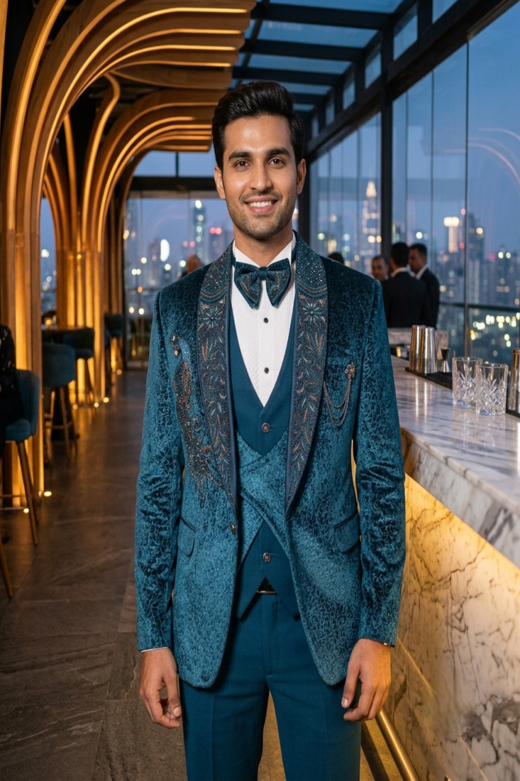 Teal green hand embroidered 5 pctuxedo suit
