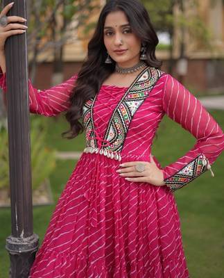 Pink georgette readymade navratri anarkali suit with laheriya & patchwork 2