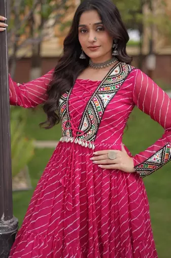 Pink georgette readymade navratri anarkali suit with laheriya & patchwork