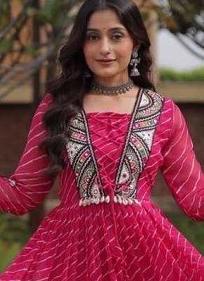 Pink georgette readymade navratri anarkali suit with laheriya & patchwork 3