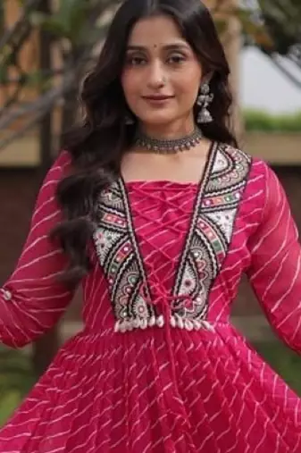 Pink georgette readymade navratri anarkali suit with laheriya & patchwork