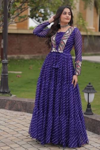 Purple georgette readymade navratri anarkali suit with laheriya & patchwork