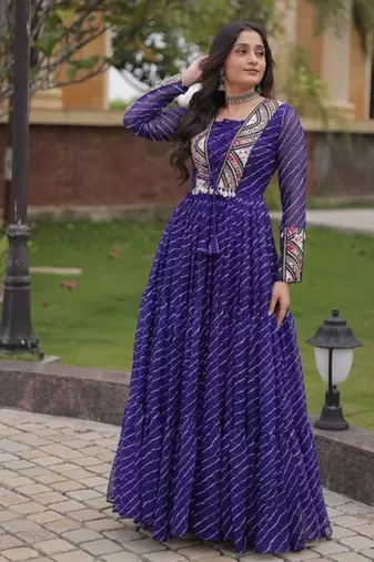 Purple georgette readymade navratri anarkali suit with laheriya & patchwork