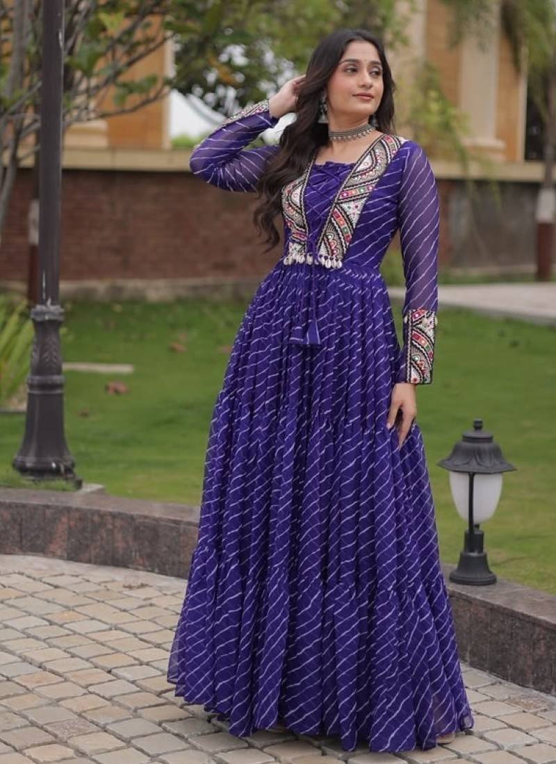 Purple georgette readymade navratri anarkali suit with laheriya & patchwork