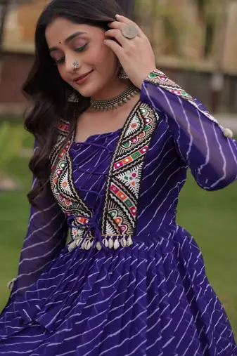Purple georgette readymade navratri anarkali suit with laheriya & patchwork