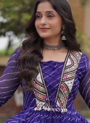 Purple georgette readymade navratri anarkali suit with laheriya & patchwork 3