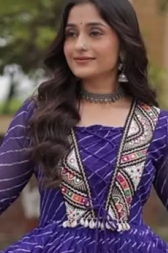 Purple georgette readymade navratri anarkali suit with laheriya & patchwork