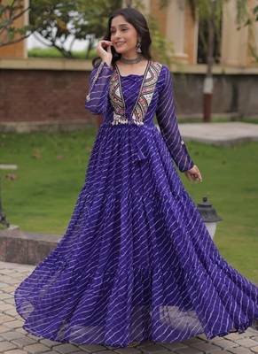 Purple georgette readymade navratri anarkali suit with laheriya & patchwork 4
